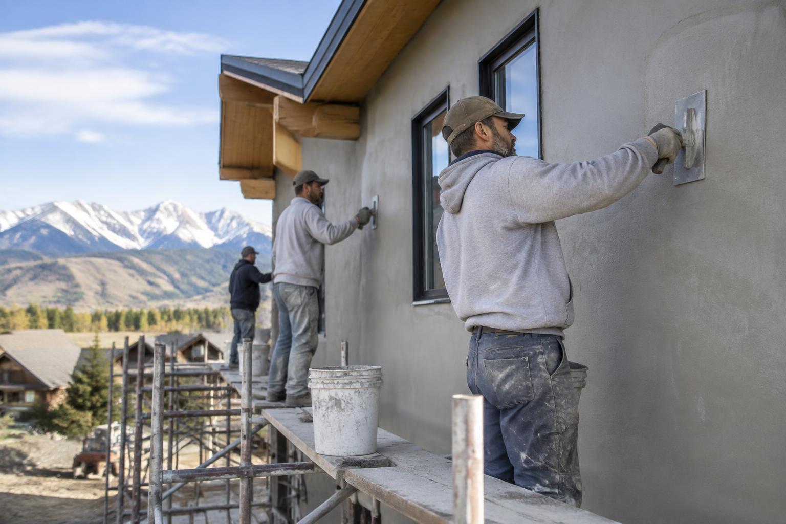 Stucco installation contractors applying stucco to a home exterior in Kalispell, Montana