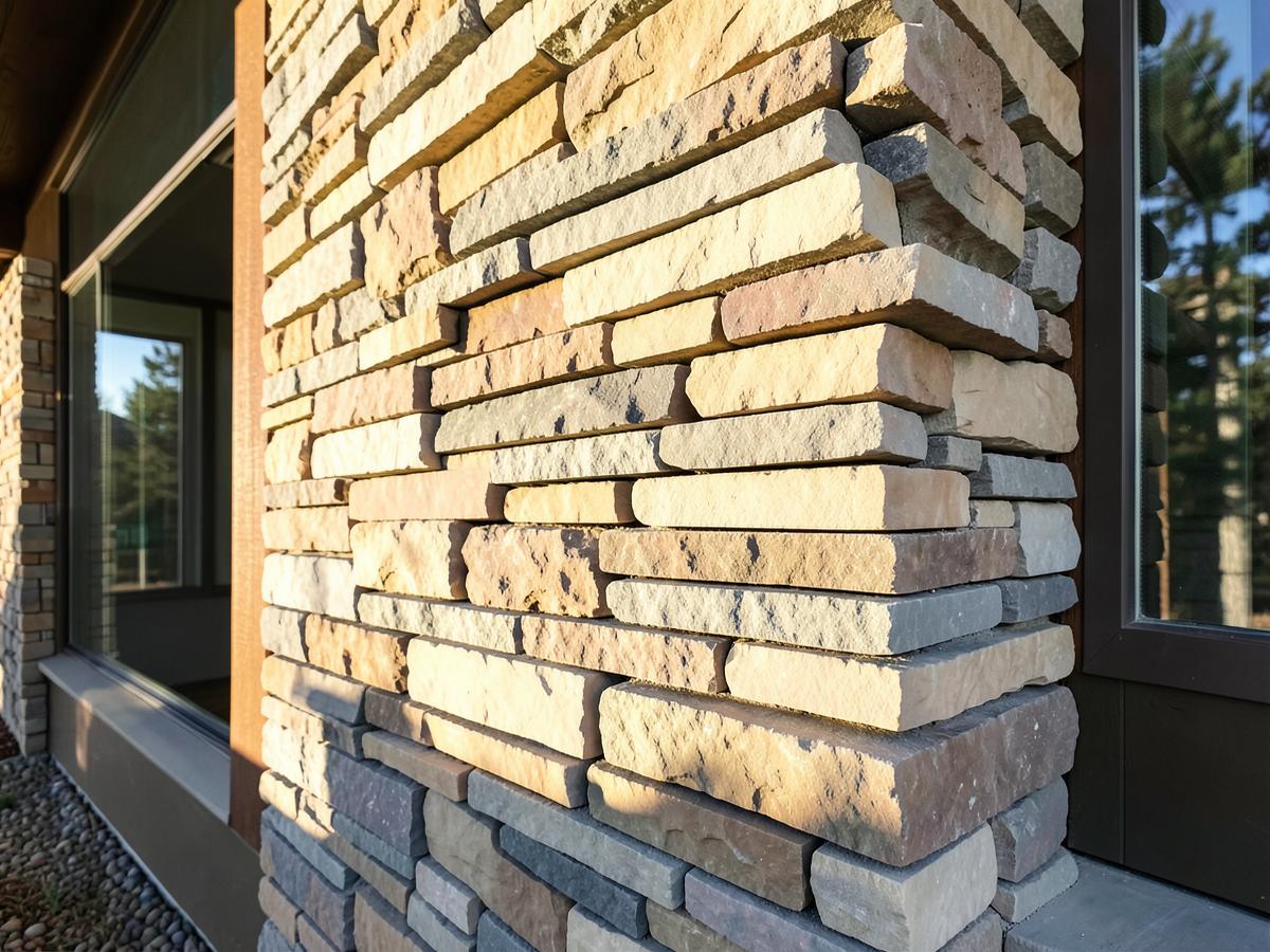 Floor-to-ceiling stacked stone fireplace with timber mantel in a Flathead Valley mountain home
