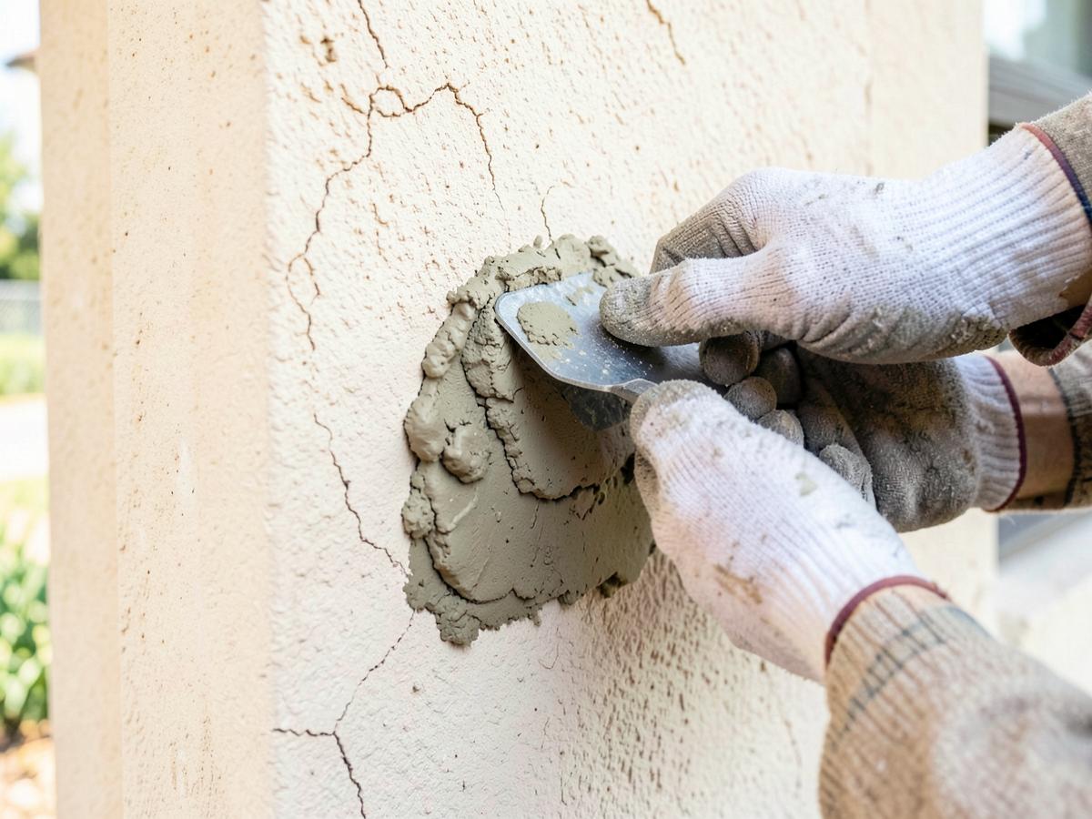 Cracked stucco wall section being patched and color-matched in Kalispell, MT