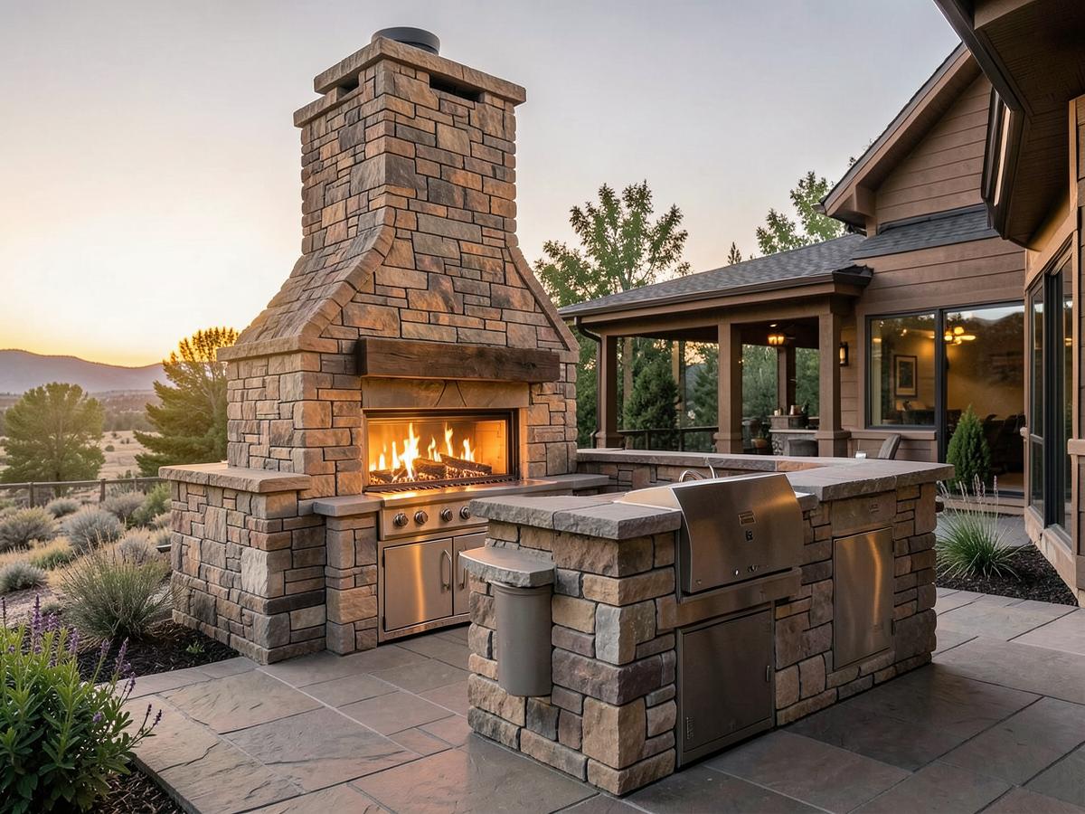 Floor-to-ceiling stacked stone fireplace with timber mantel in a Flathead Valley mountain home