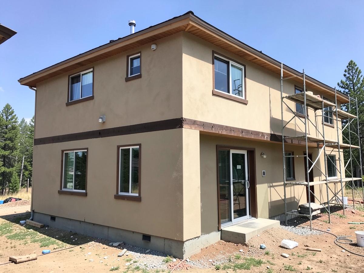 Craftsman troweling warm sand-colored stucco onto a home exterior in Kalispell, MT