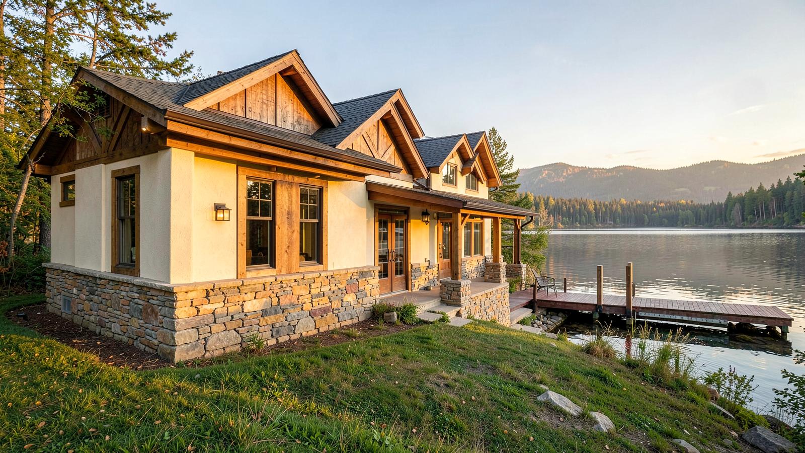 Stucco and stone home exterior finished by DL Construction near Bigfork, MT