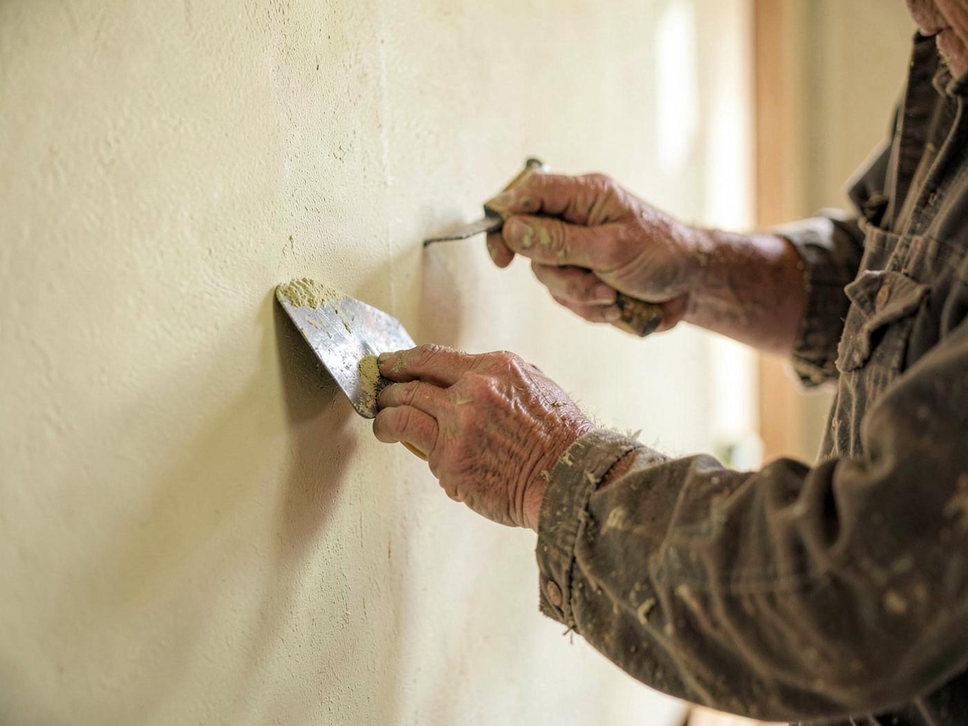 Craftsman hand-troweling a smooth plaster finish on an interior wall