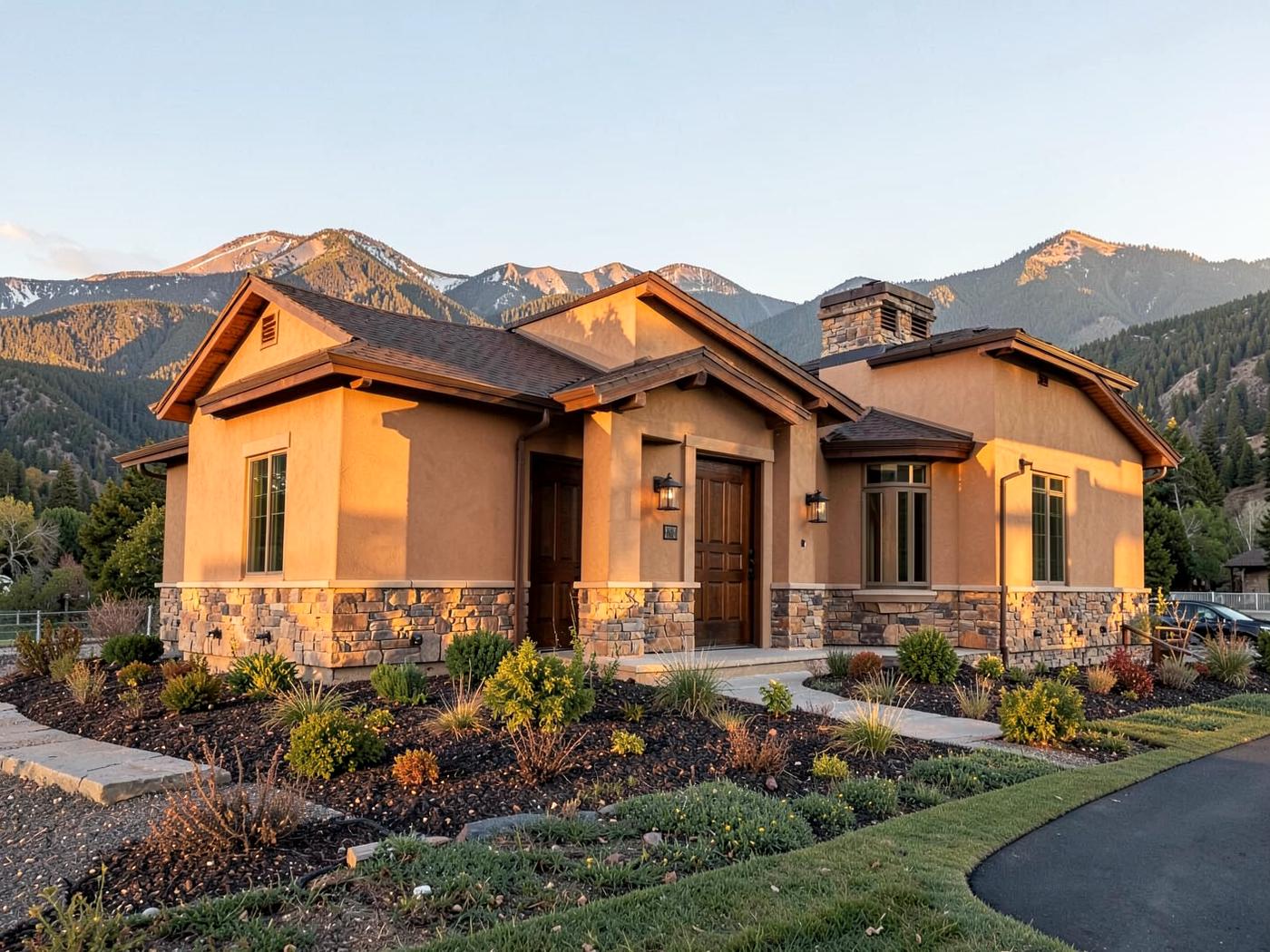 Stucco and stone veneer home exterior finished by DL Construction in the Flathead Valley, Montana