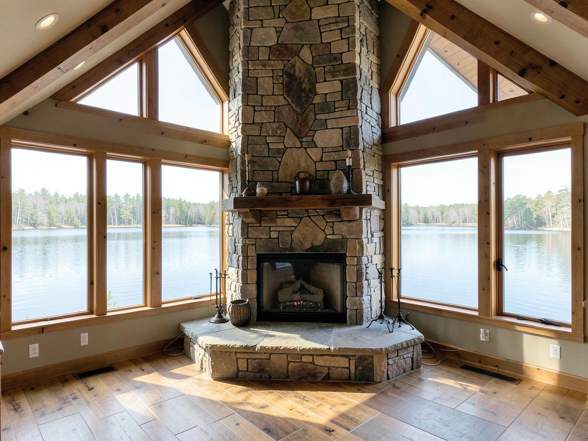 Stacked stone fireplace with timber mantel in a Bigfork, MT home
