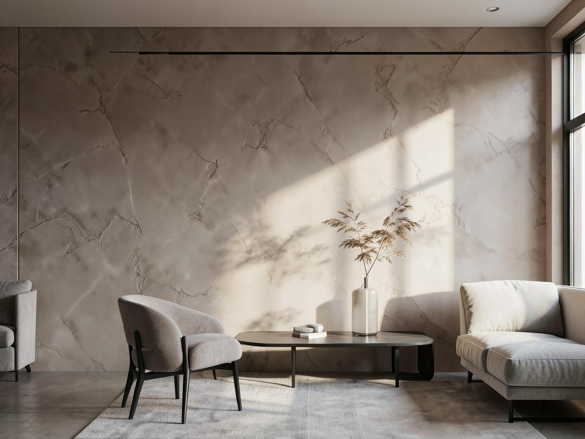 Polished Venetian plaster feature wall in a warm taupe finish inside a Kalispell, MT home