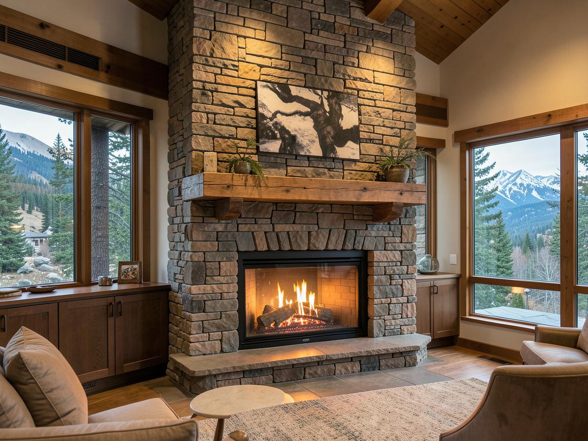Floor-to-ceiling stacked stone fireplace with timber mantel in a Flathead Valley mountain home