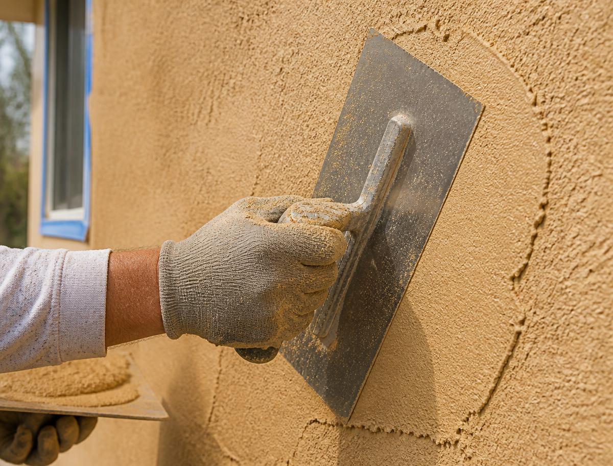 Craftsman troweling warm sand-colored stucco onto a home exterior in Kalispell, MT